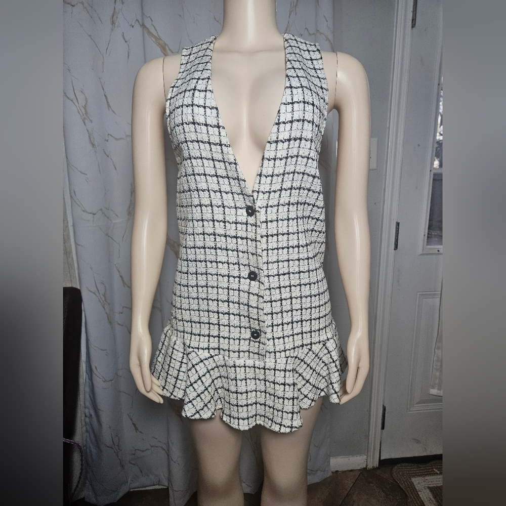 Zara Black & White Windowpane Knit Mini Dress